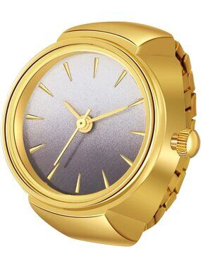 Women Gold Grey Quartz Stretchy Band Elastic Round Simple Dial Finger Ring Watch